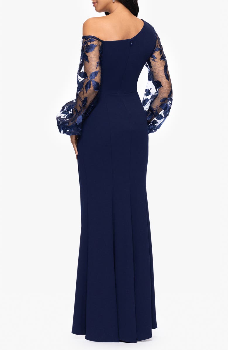 Betsy & Adam One Shoulder Sheer Embroidered Long Sleeve Sheath Gown, Alternate, color, Navy