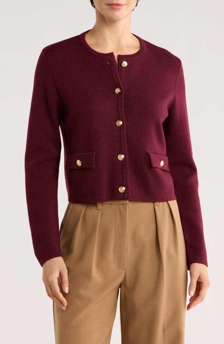 Bruno Magli Merino Wool Crop Cardigan, Main, color, Bordeaux