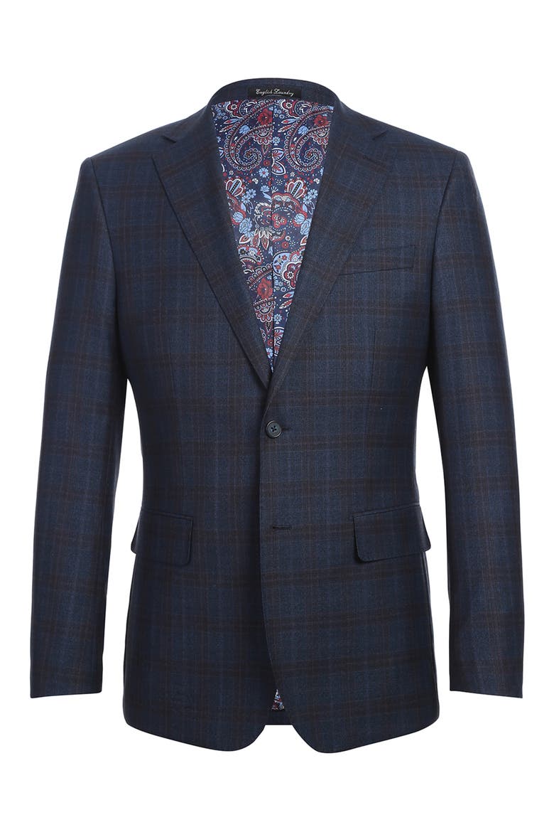 Plaid Trim Fit Notch Lapel Wool Blend Two-Piece Suit, Alternate, color, NAVY