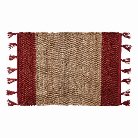 Lalla Jute Border Stripe Indoor Rug Red Brown with Tassels
