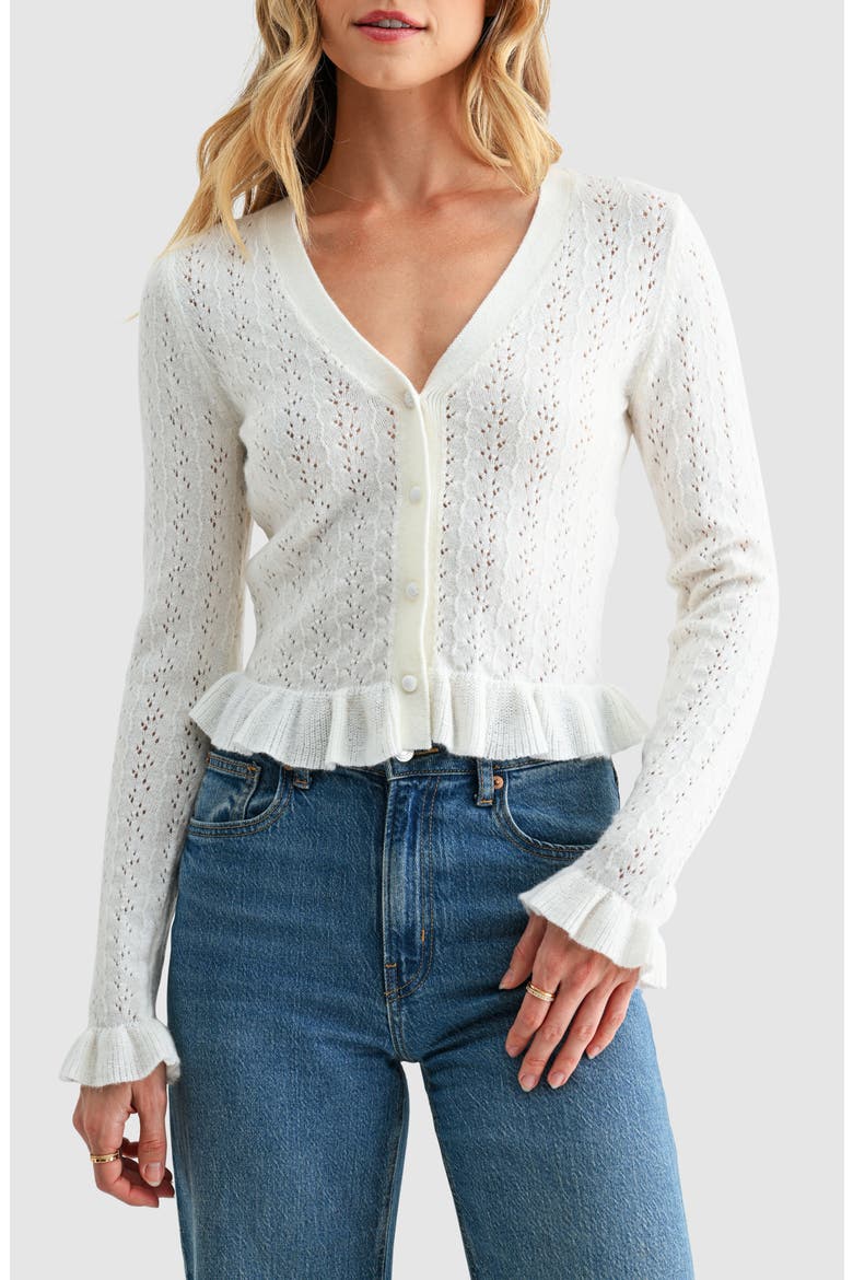 Pointelle Ruffle Hem Crop Cardigan, Main, color, OFF WHITE