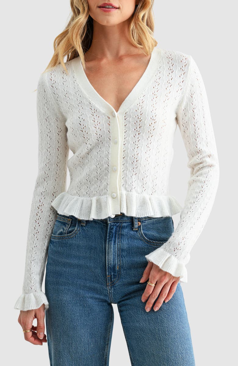 All in Favor Pointelle Ruffle Hem Crop Cardigan, Main, color, Off White