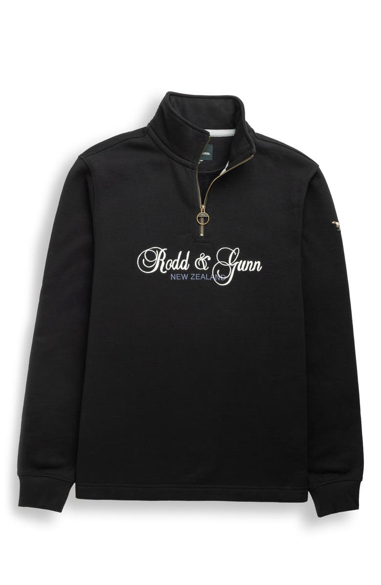 Rodd & Gunn Jubilee Embroidered Logo Cotton French Terry Quarter Zip Pullover, Alternate, color, Onyx