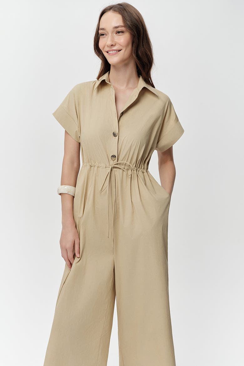 Nixie Shirt Collar Short Sleeve Drawstring Waist Jumpsuit, Alternate, color, Beige