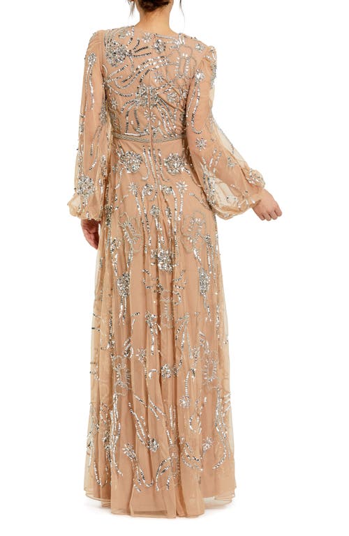 Mac Duggal Embellished High Neck Puff Sleeve Gown In Nude Silver
