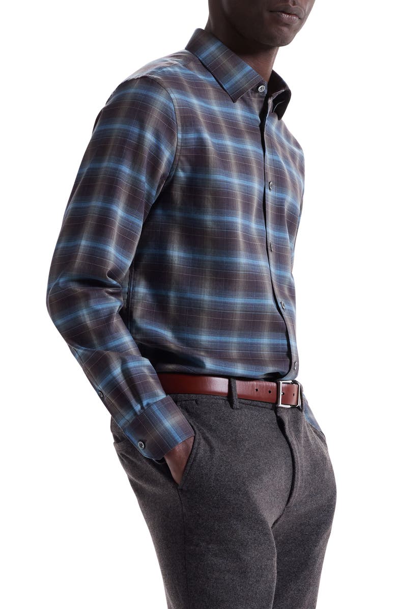 Bugatchi Karl Shaped Fit Plaid Cotton & Cashmere Button-Up Shirt, Alternate, color, Khaki/Multi