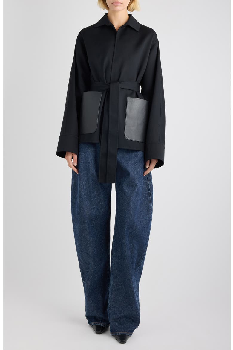 Leather Pocket Virgin Wool Wrap Jacket, Alternate, color, NOIR ALAIA