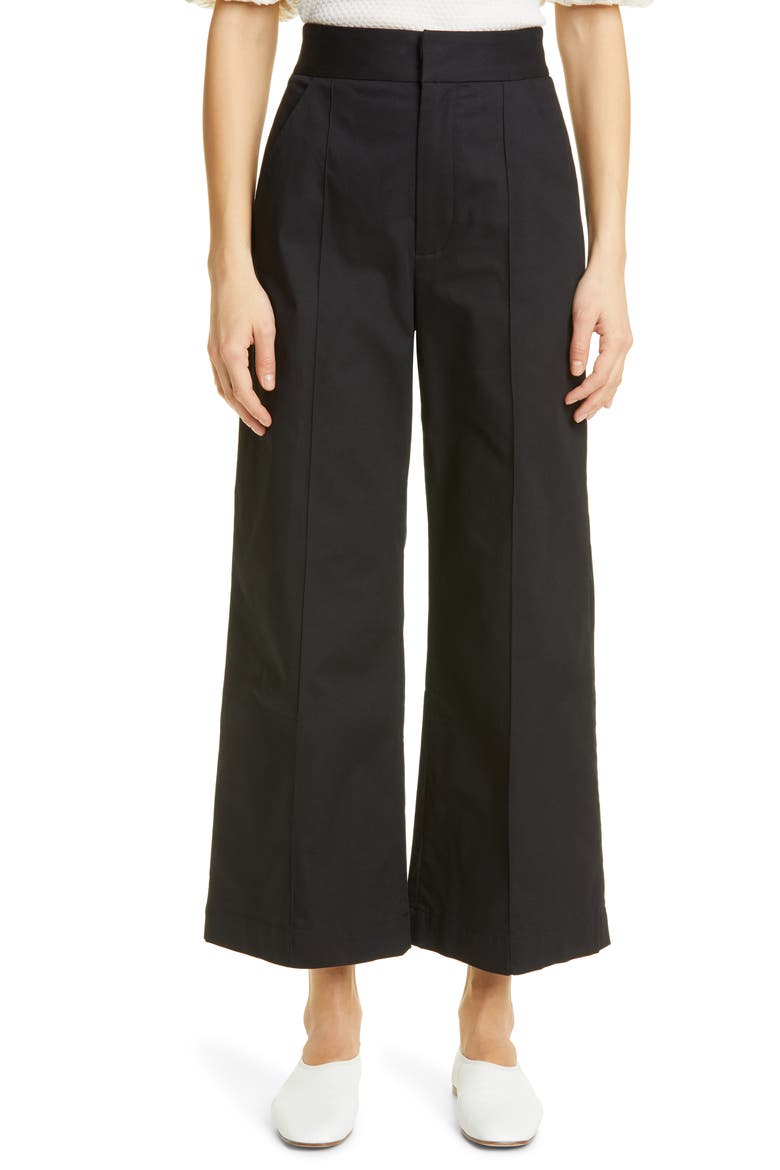 Piedra Pintuck Stretch Twill Wide Leg Ankle Pants, Main, color, BLACK