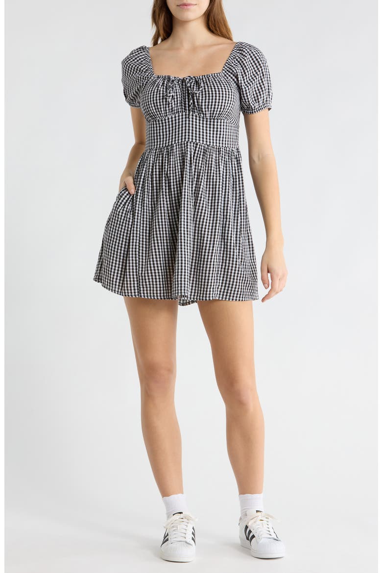 Puff Sleeve Tie Front Minidress, Main, color, BLACK- WHITE DEMI GINGHAM