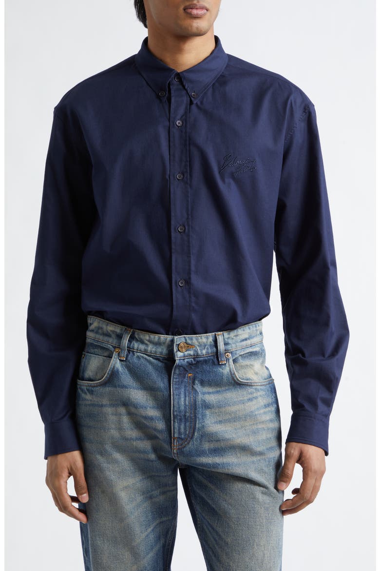 Monogram Embroidery Cotton Button-Down Shirt, Main, color, MARINE