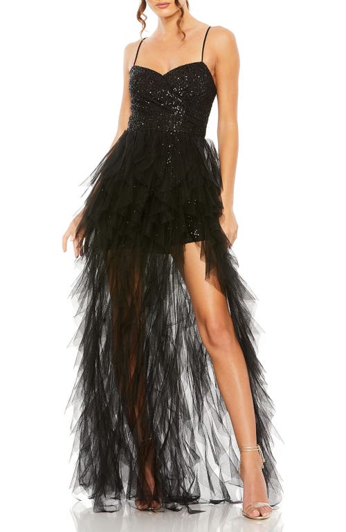 Mac Duggal Women's Ieena Sequin Mini Dress With High Low Ruffle Tiered Train In Black