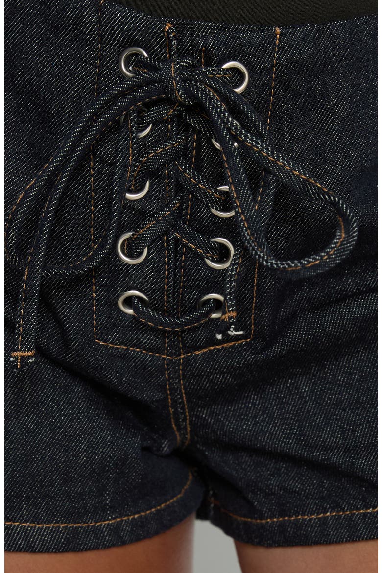 Thunderbird Lace Up Micro Shorts, Alternate, color, DARK INDIGO WASH