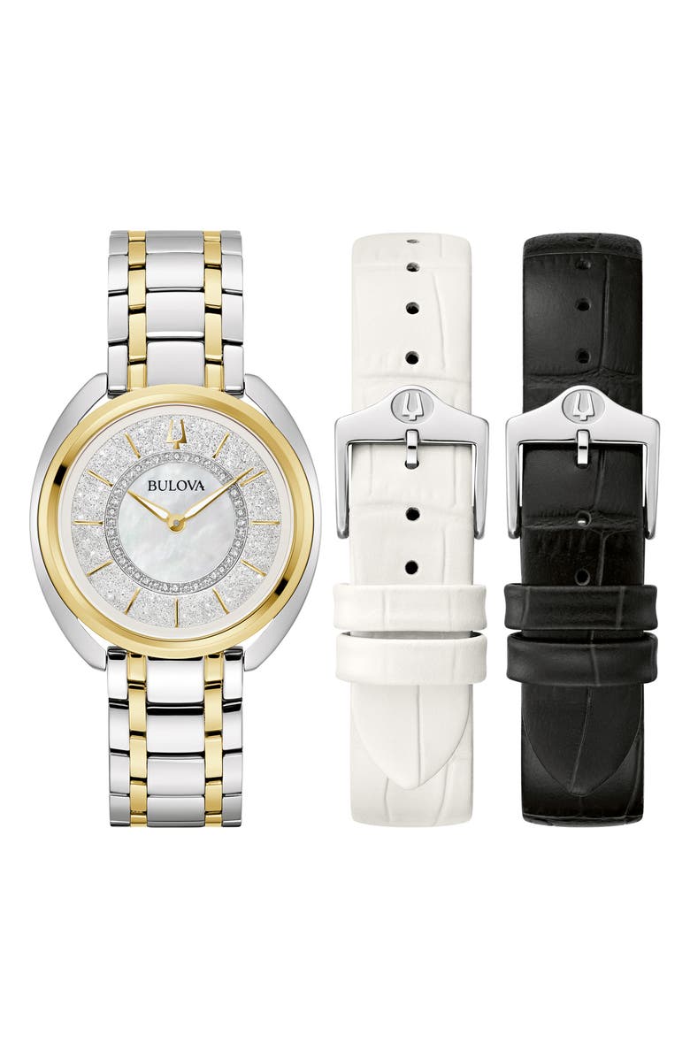 BULOVA Duality Diamond Bracelet & Two Leather Straps Watch Set, 34mm, Main, color, 