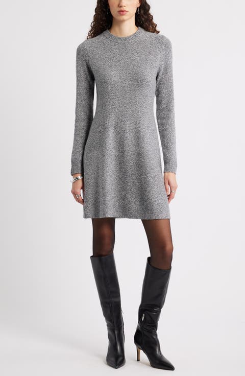 Marled Long Sleeve Wool & Cashmere Fit & Flare Minidress