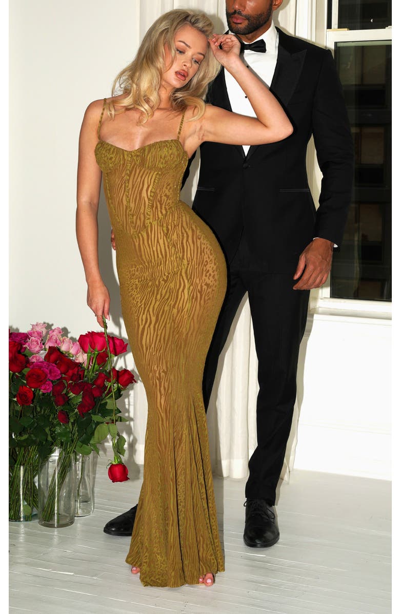 Miss Circle Ulani Burnout Velvet Detail Mesh Maxi Mermaid Dress, Alternate, color, Gold