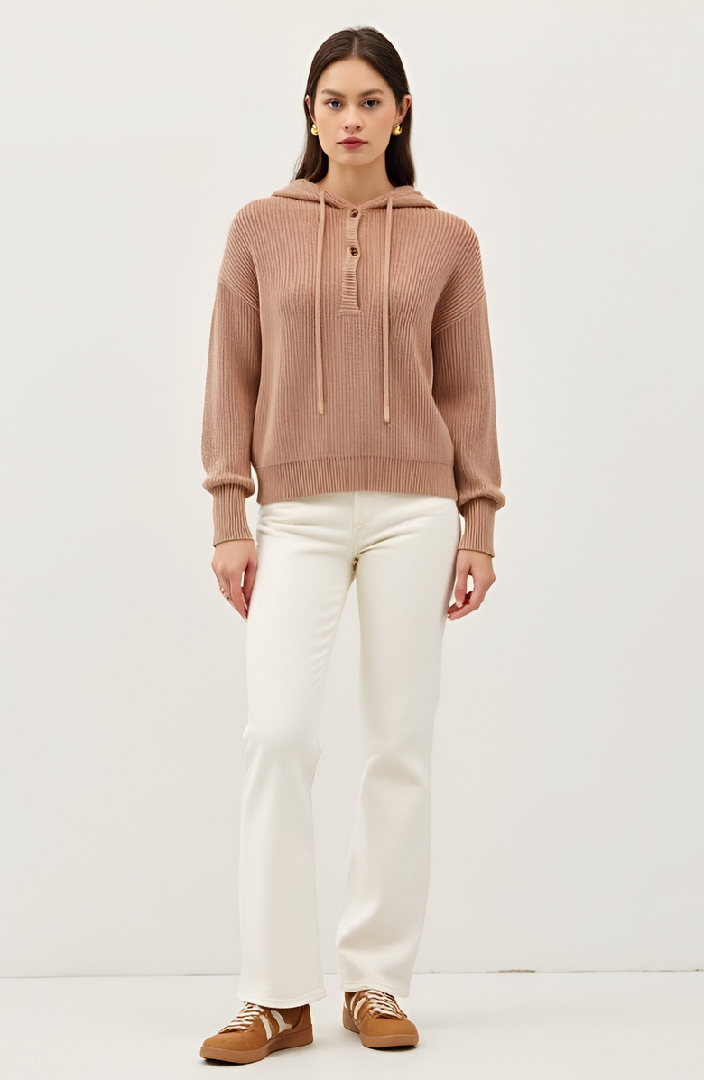 Modenaire Knit Button Front Hoodie with Ribbed Hem and Drop Shoulders, Main, color, Light Beige