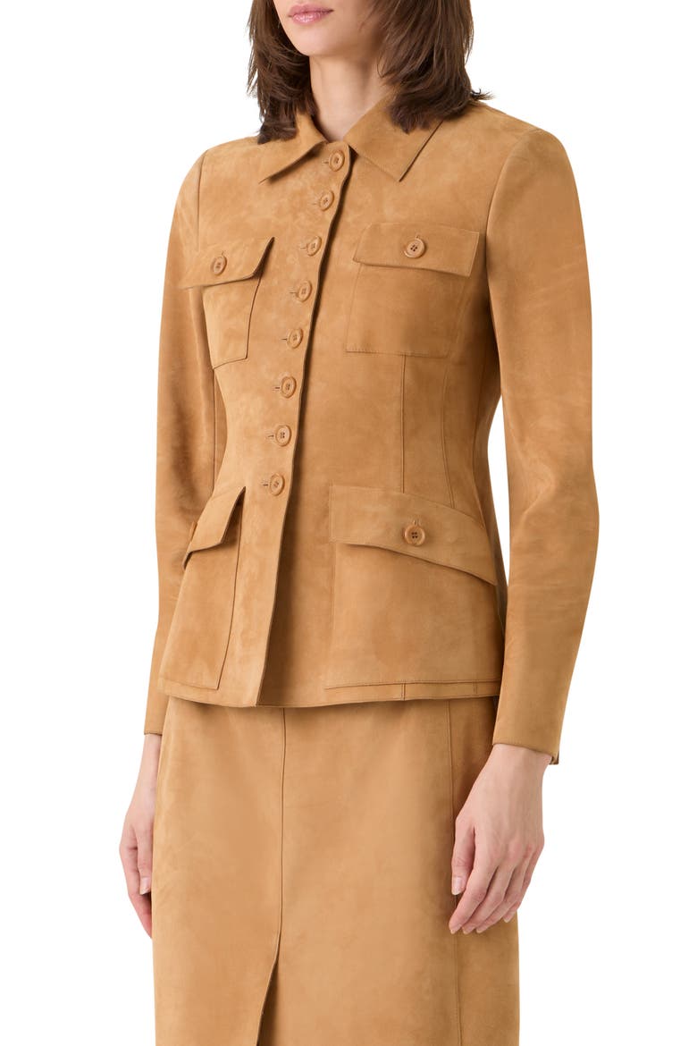 Delia Fitted Goatskin Suede Jacket, Alternate, color, CAMEL