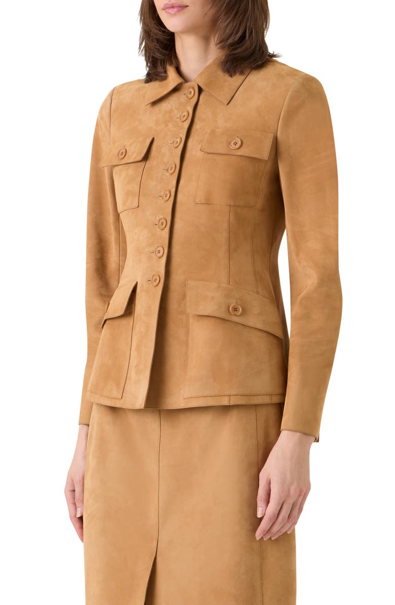 Akris Delia Fitted Goatskin Suede Jacket, Alternate, color, Camel