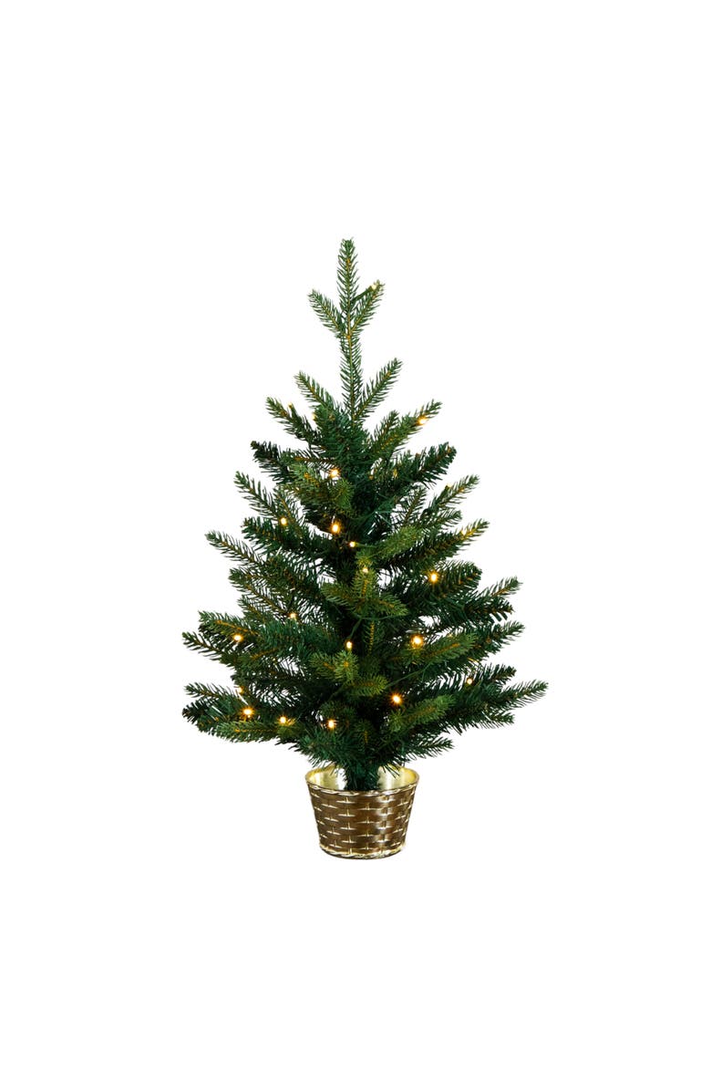 NEARLY NATURAL 2-ft Pre-Lit Artificial Classic Christmas Tree with 35 Warm White LED Lights in Gold Decorative Planter, Main, color, Green