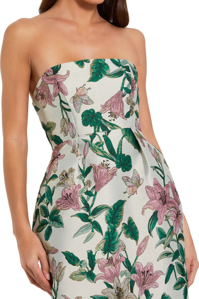 Petite Floral Brocade Strapless Fitted Midi Dress, Alternate, color, Lily