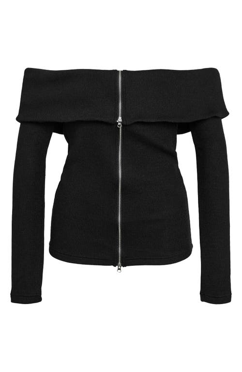 Noisy May Stormy Off-the-shoulder Two Way Zip Long Sleeve Sweater In Black