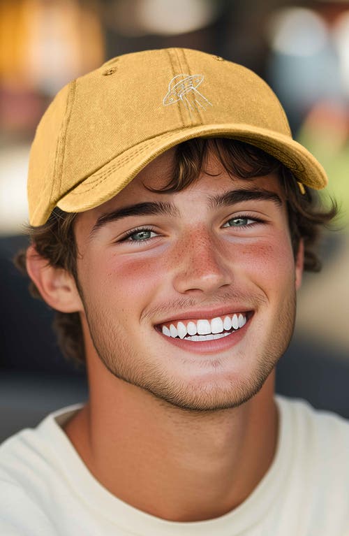 Dalix Ufo Embroidered Adjustable Dad Cap In Washed Gold