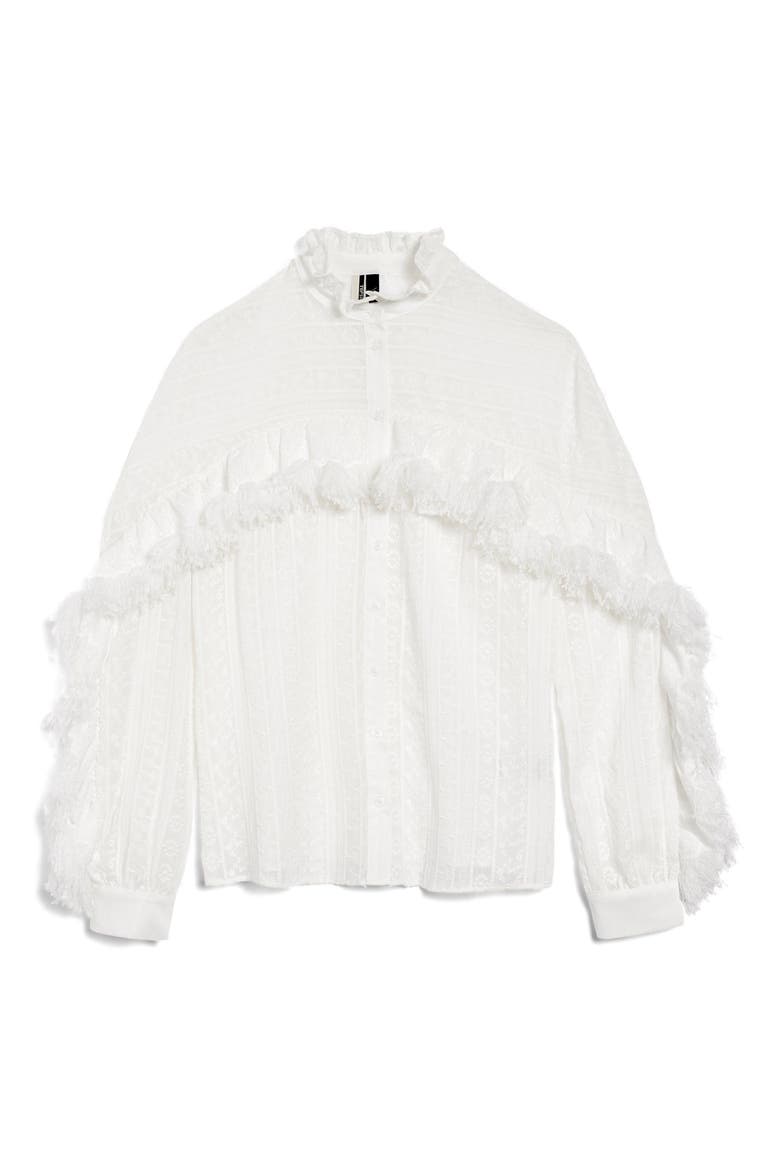 Feather Trim Button Shirt, Alternate, color, IVORY