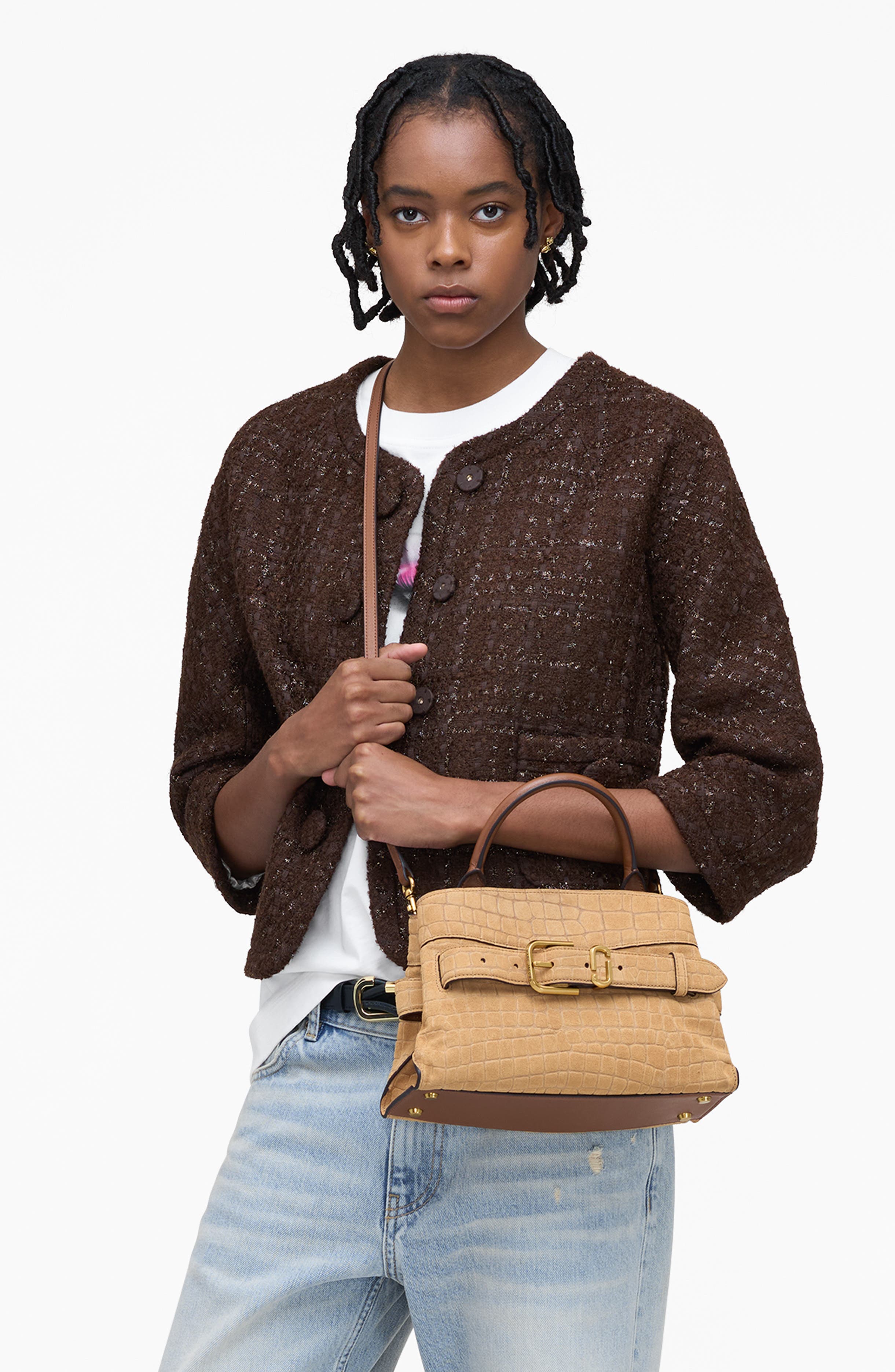 Marc Jacobs The Small Dakota Croc Embossed Suede Satchel, Alternate, color, Sahara