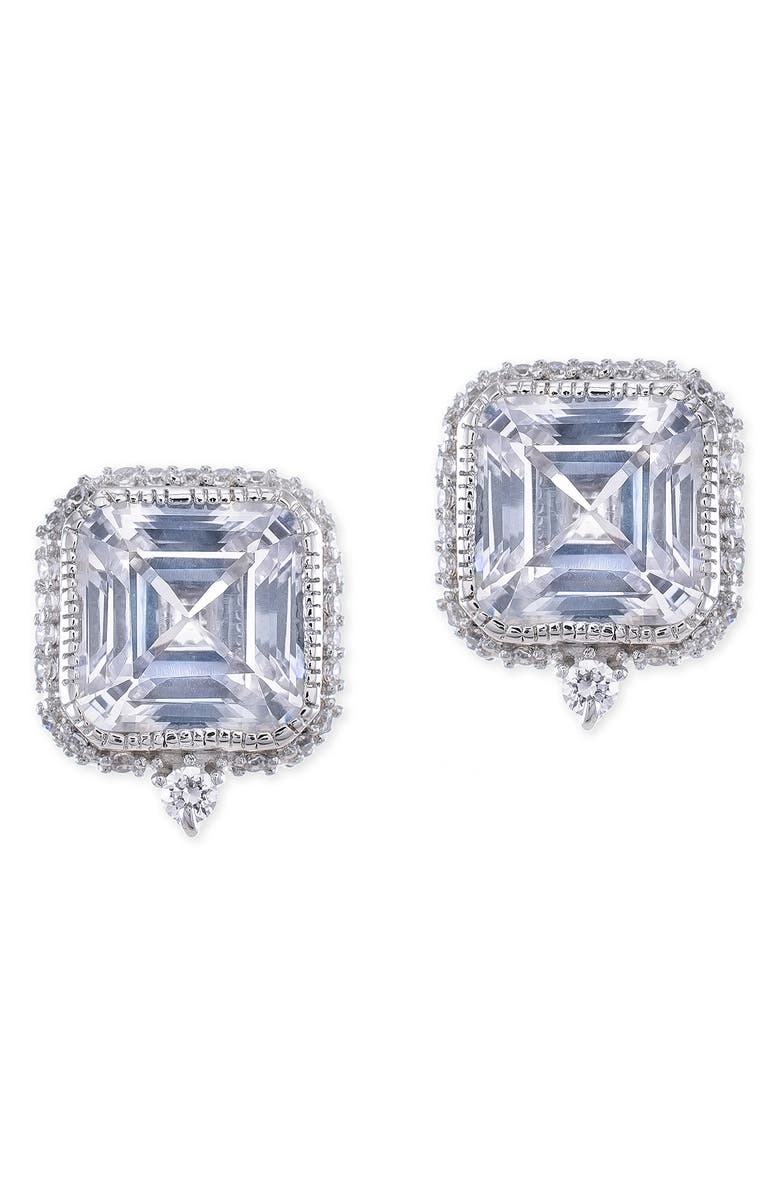 CZ by Kenneth Jay Lane Princess Cut Cubic Zirconia Pave Trim Stud Earrings, Main, color, Clear/Silver