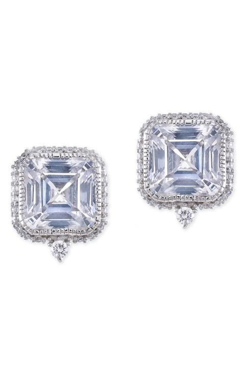 Princess Cut Cubic Zirconia Pave Trim Stud Earrings