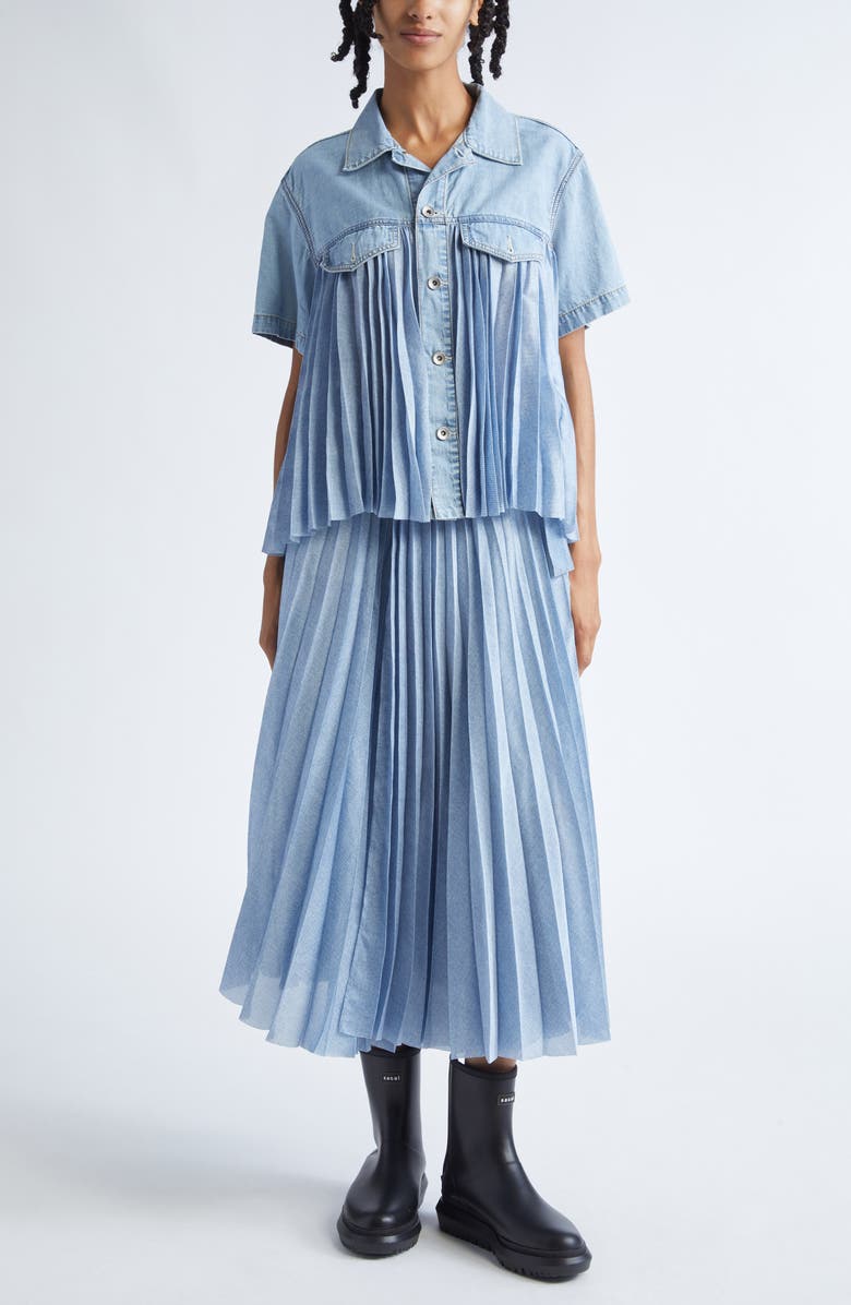 Sacai Mixed Media Short Sleeve Shirt, Alternate, color, Light Blue