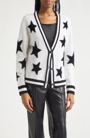 Alice + Olivia Bradley Intarsia Star & Stripe Trim Wool Blend Cardigan