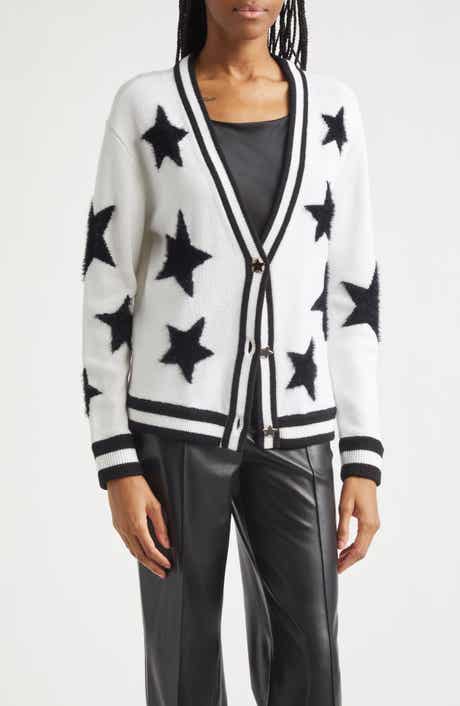Alice + Olivia Bradley Intarsia Star & Stripe Trim Wool Blend Cardigan