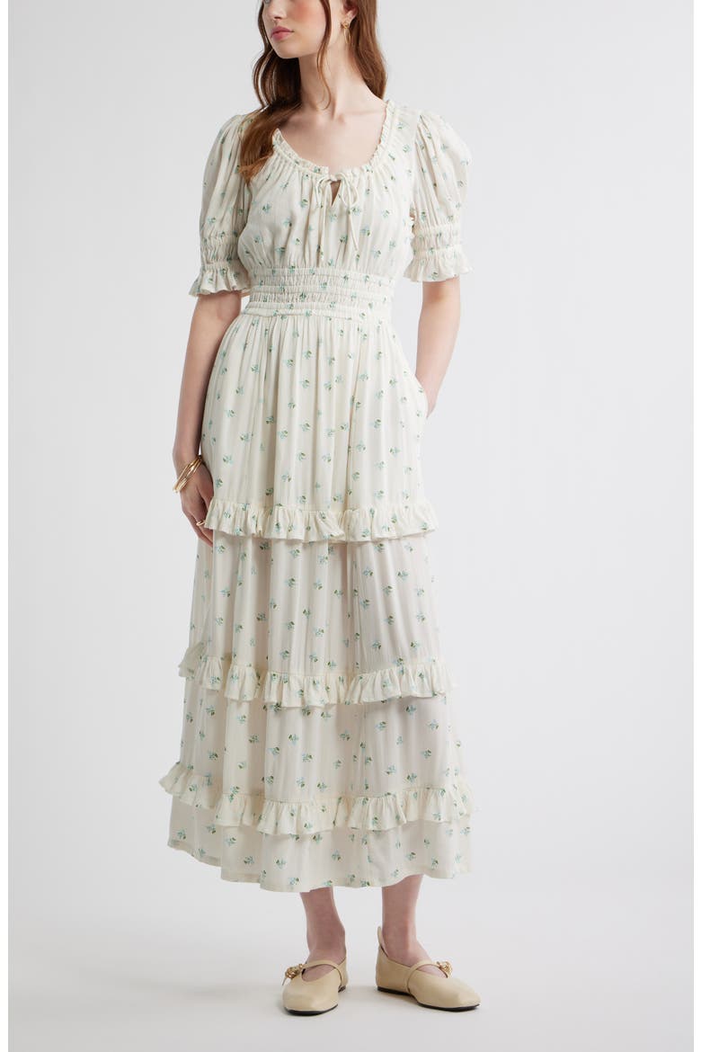 Smock Waist Ruffle Trim Tiered Maxi Dress, Main, color, IVORY- BLUE GARDEN DITSY