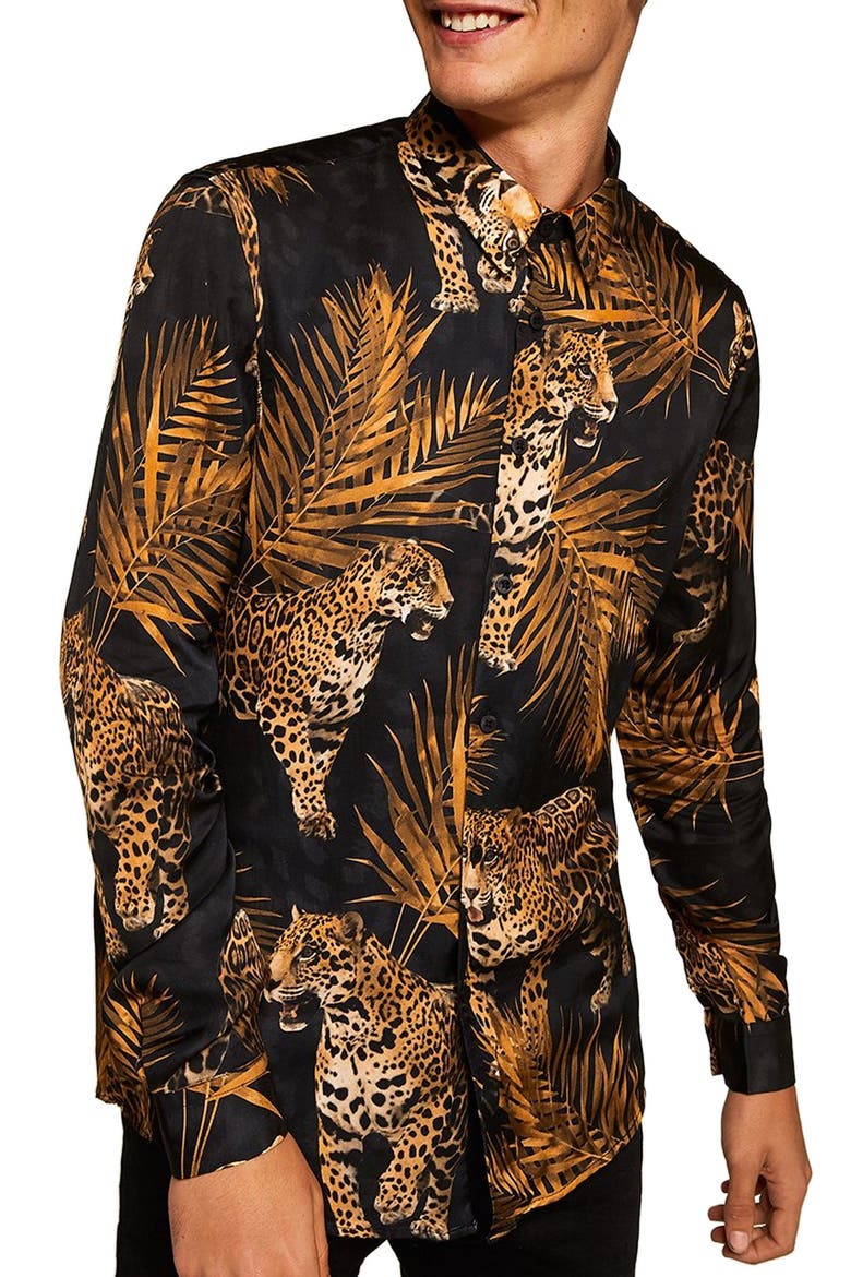 Premium Leopard Print Sport Shirt, Main, color, BLACK MULTI