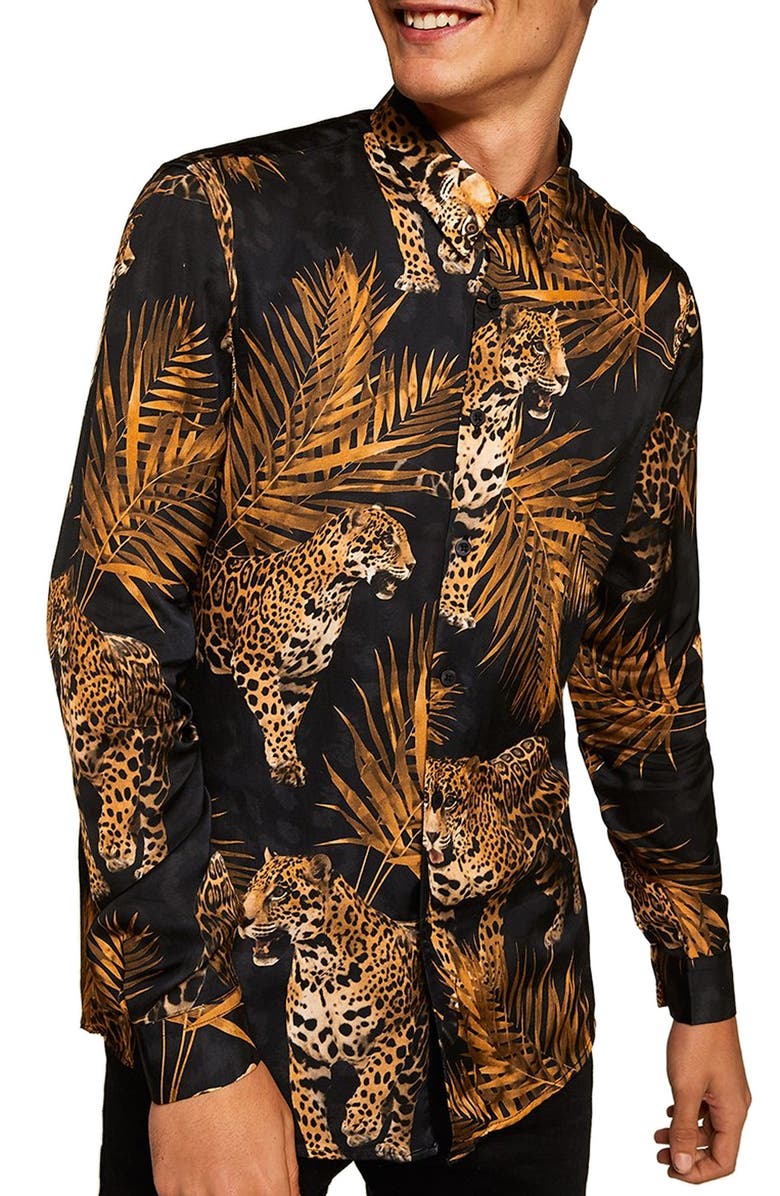 Topman Premium Leopard Print Sport Shirt, Main, color, 