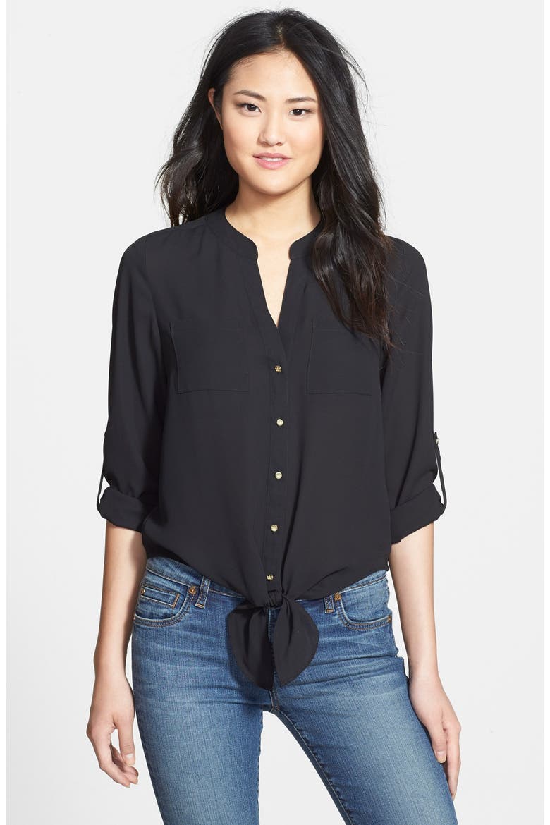 Roll Sleeve Tie Front Blouse, Main, color, RICH BLACK