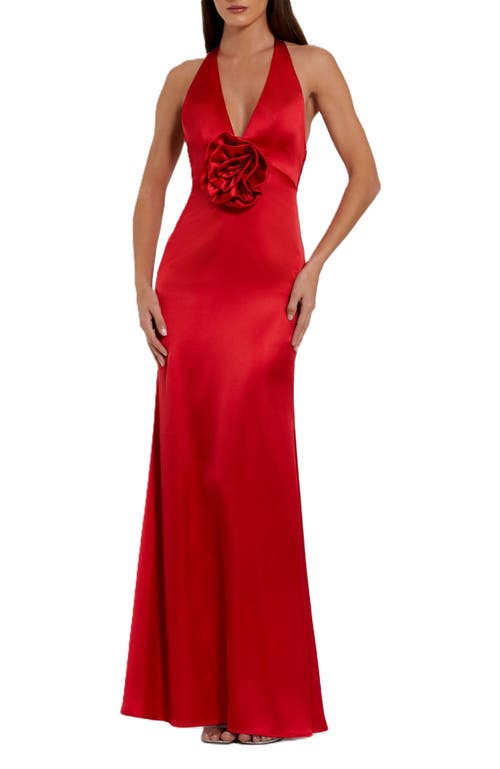 Mac Duggal Fitted Satin Sleeveless Halter Gown With 3d Flower In Red