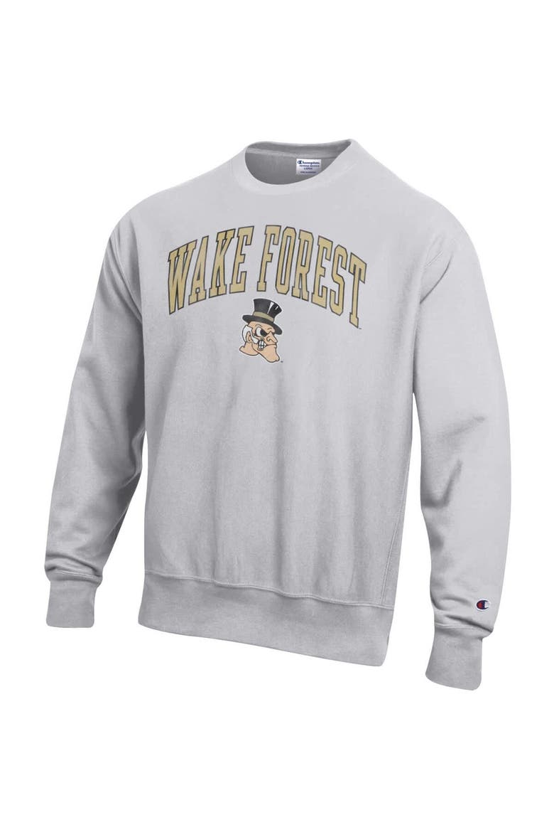 Men's Champion Gray Wake Forest Demon Deacons Distressed Arch Over Logo Reverse Weave Crew Neck Sweatshirt, Alternate, color, Gray