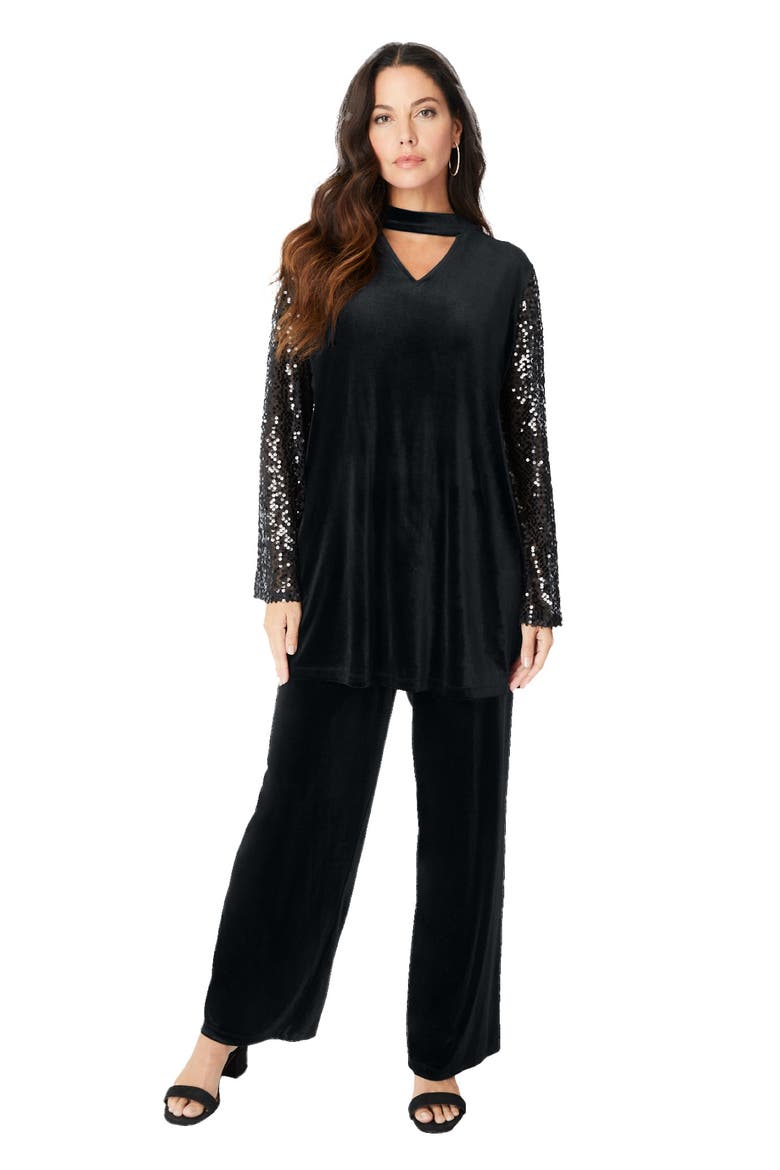 Keyhole Velour Pant Set., Main, color, BLACK
