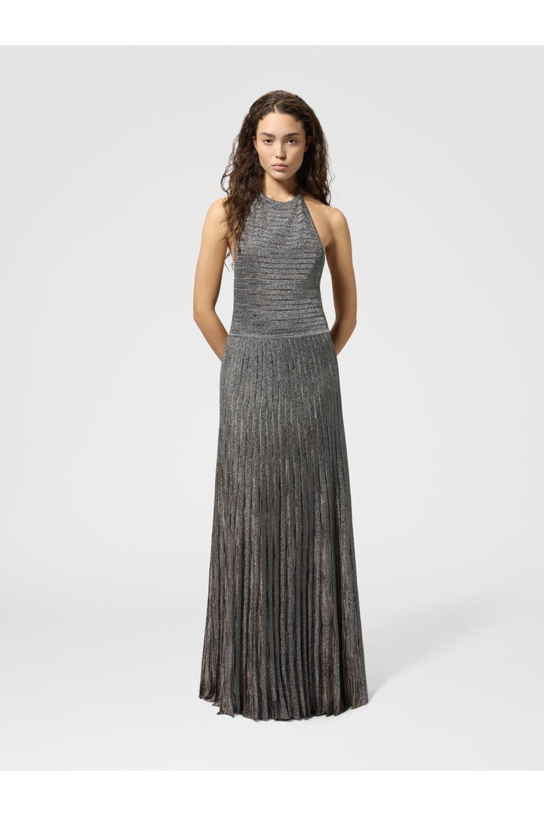 Long Viscose Lamé Dress With Open Back, Alternate, color, Beige
