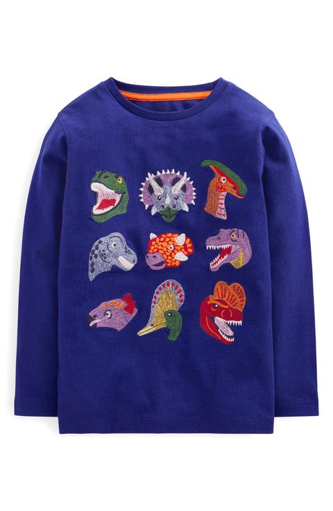 Kids' Dinosaur Embroidered Long Sleeve Cotton T-Shirt (Toddler, Little Kid & Big Kid)