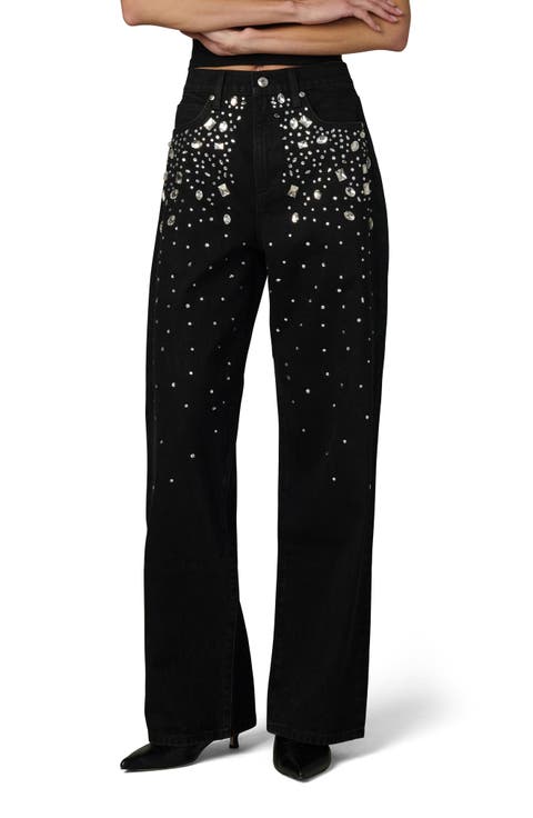The Harlowe Stone Embellished High Waist Wide Leg Jeans (Constellation)