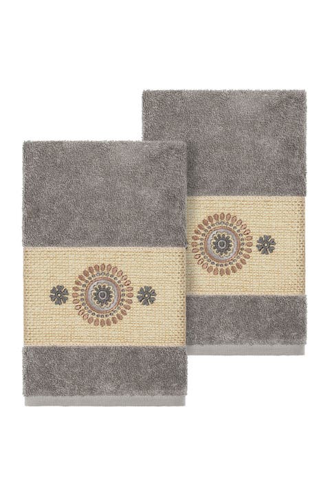 Turkish Cotton Geometric Design Hand Towel - Dark Grey - Set of 2