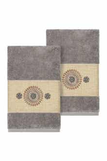 Linum Home Textiles Turkish Cotton Geometric Design Hand Towel - Dark Grey - Set of 2