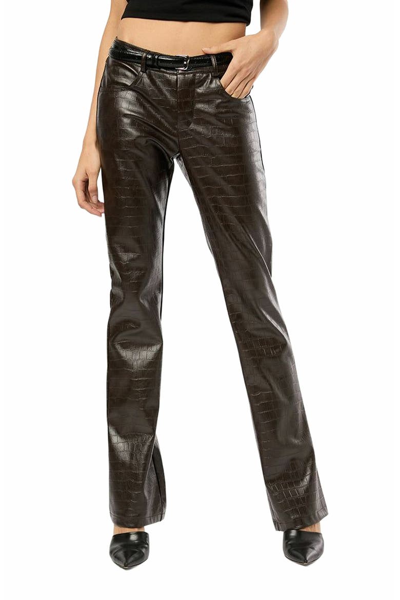 Vegan Leather Croc Mid Rise Flare Pant, Alternate, color, BROWN