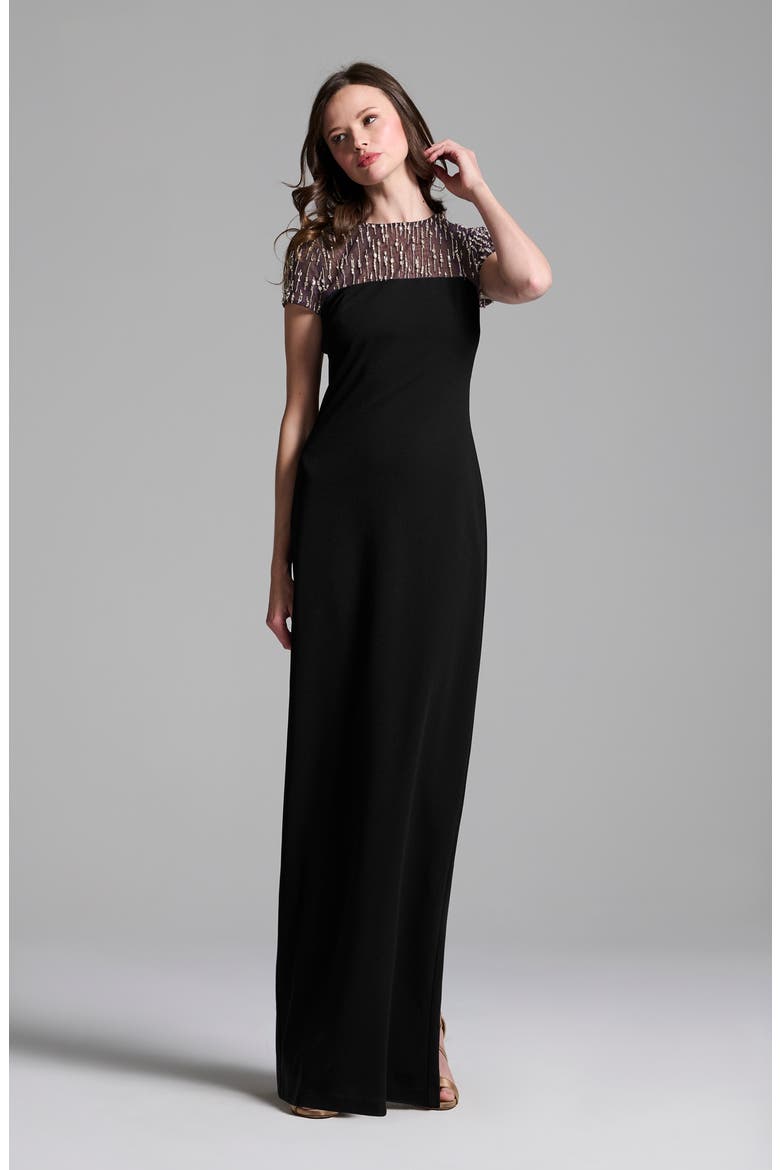 Crystal Embellished Illusion Neck Stretch Crepe Gown, Alternate, color, BLACK