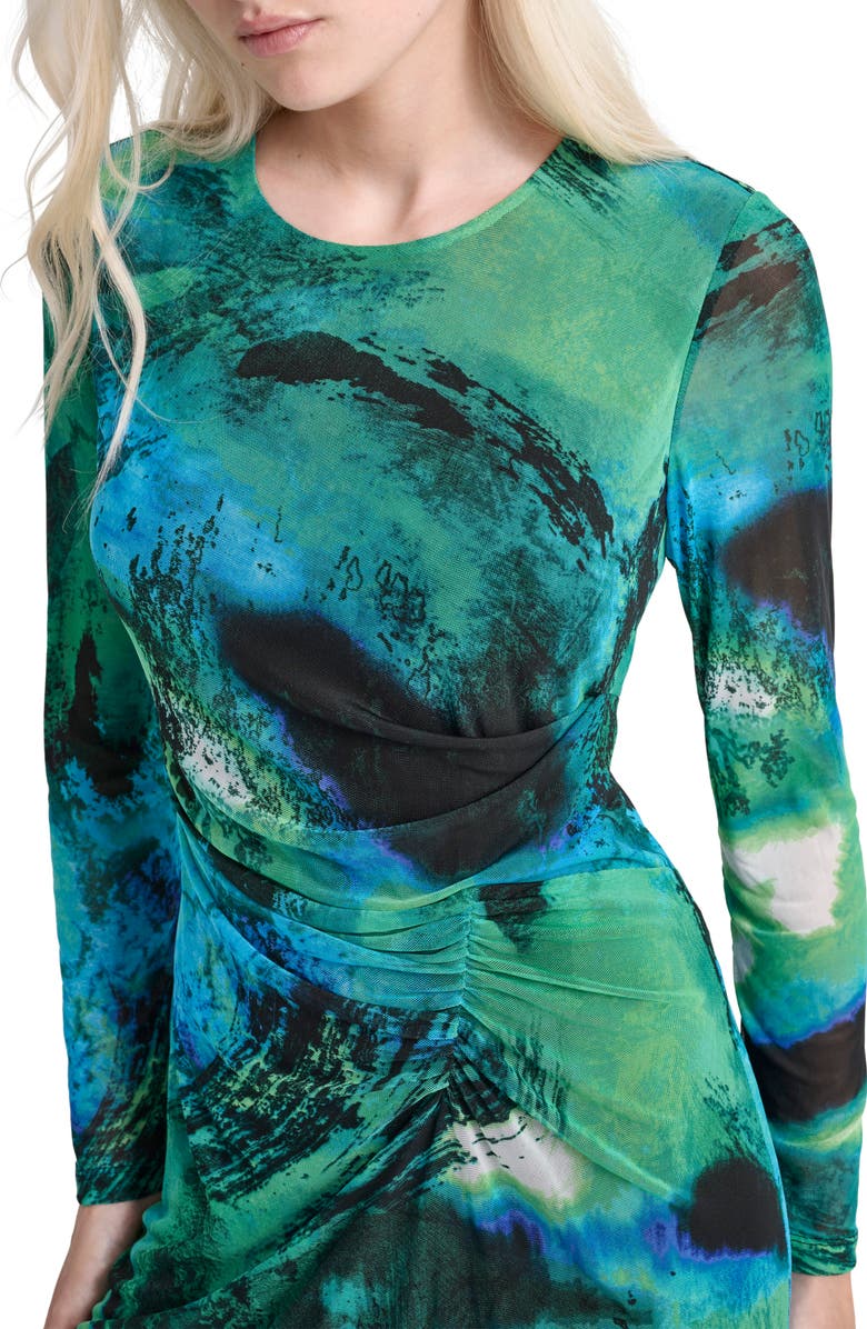 DKNY Ruched Long Sleeve Dress, Alternate, color, Black/ Green