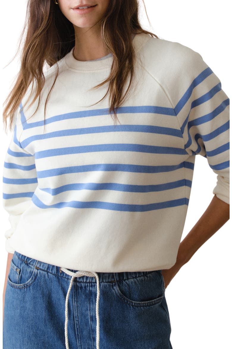 Cloud 9 Fleece Stripe Sweatshirt, Main, color, ANTIQUE WHITE/ BLUE STRIPE