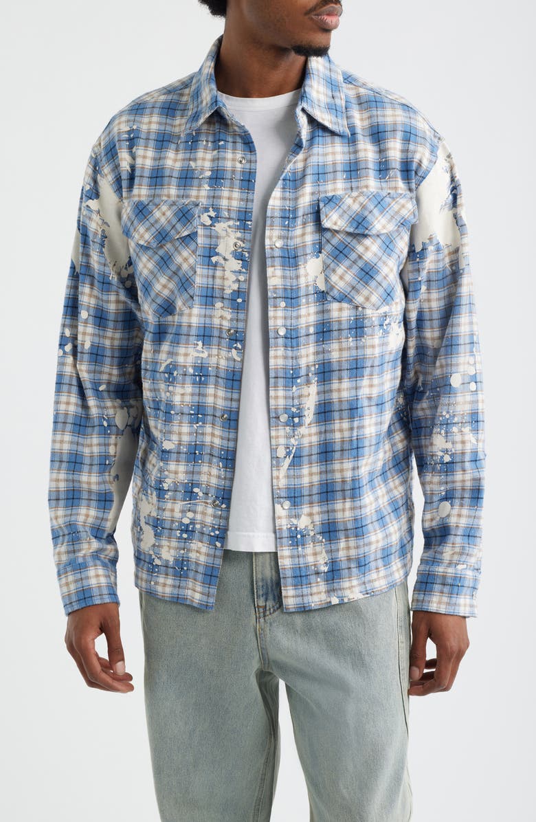 CRIMINAL DAMAGE Bleached Plaid Snap-Up Shirt, Main, color, Blue